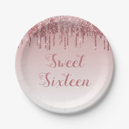 Sweet 16 Birthday Rose Gold Blush Pink Glitter Paper Plates