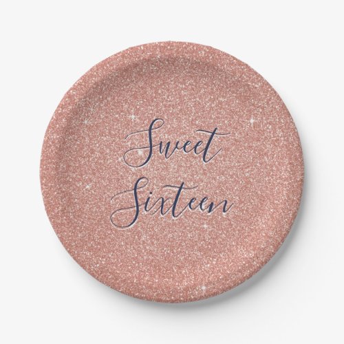 Sweet 16 Birthday Rose Gold Blush Pink Glitter Paper Plates