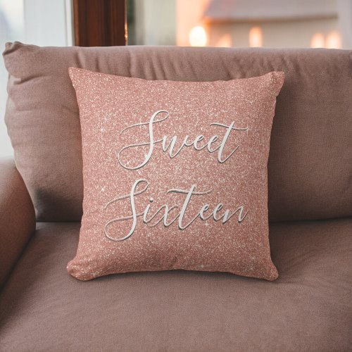 Sweet 16 Birthday Rose Gold Blush Pink Glitter Throw Pillow