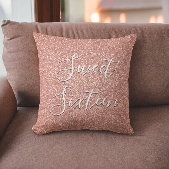 Sweet 16 Birthday Rose Gold Blush Pink Glitter Throw Pillow (Creator Uploaded)