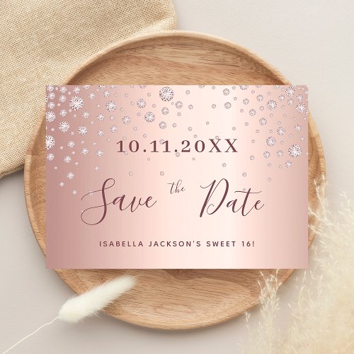 Sweet 16 birthday rose gold diamonds save the date