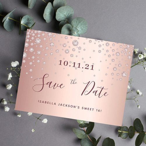 Sweet 16 birthday rose gold diamonds save the date postcard