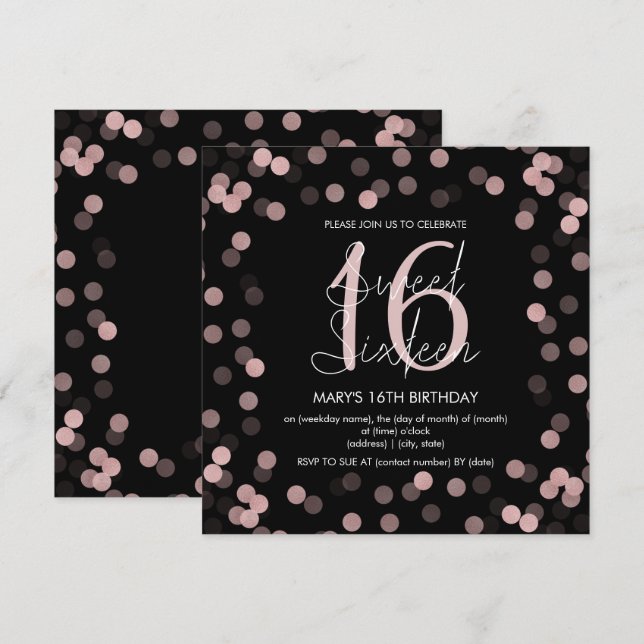 Sweet 16 Birthday Rose Gold Glam Glitter Black  Invitation (Front/Back)