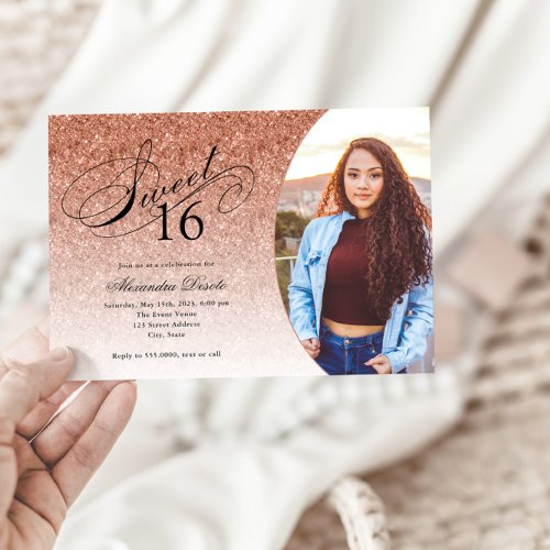 Sweet 16 Birthday Rose Gold Glitter Glam Photo  Invitation