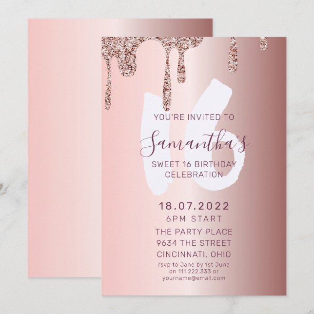 Sweet 16 Birthday Rose Gold Glitter  Invitation (Front/Back)