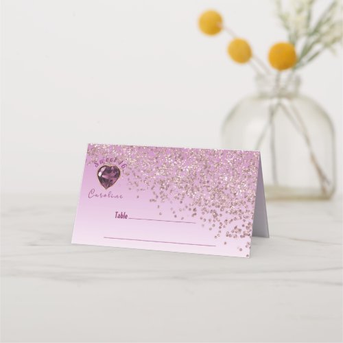 Sweet 16 Birthday Rose Gold Glitter  Pink Gem Place Card