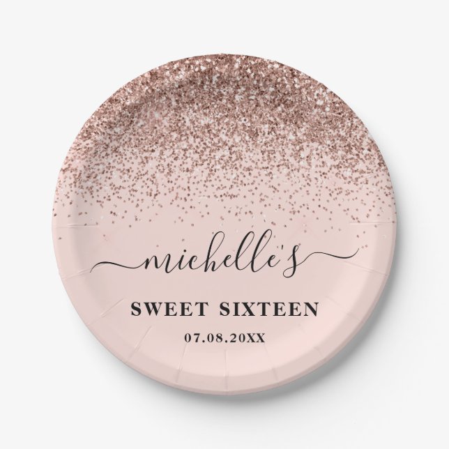 Sweet 16 Birthday Rose Gold Glitter Sparkle Name Paper Plates (Front)