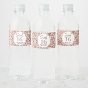 Sweet 16 Birthday Rose Gold Glitter Water Bottle Label