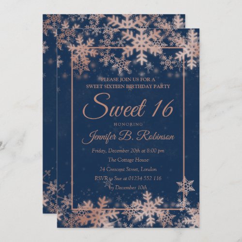 Sweet 16 Birthday Rose Gold Navy Foil Snowflakes Invitation