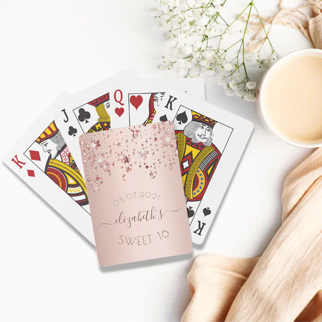 Sweet 16 birthday rose gold pink glittery stars playing cards | Zazzle