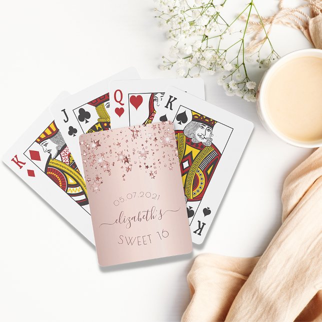 Sweet 16 birthday rose gold pink glittery stars poker cards (Creator Uploaded)