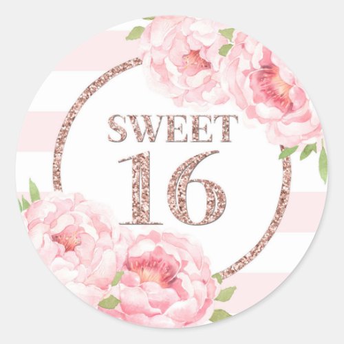 Sweet 16 Birthday Rose Gold Pink Watercolor Floral Classic Round Sticker