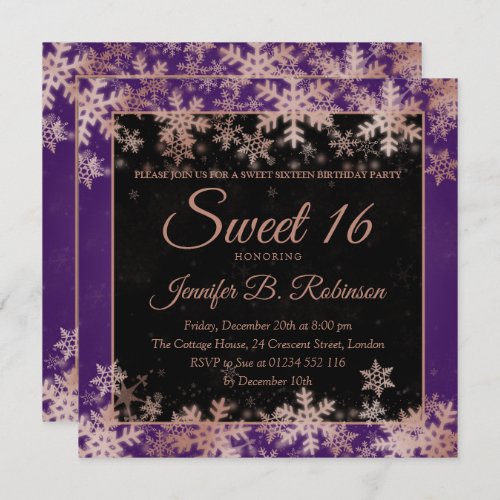 Sweet 16 Birthday Rose Gold Purple Foil Snowflakes Invitation