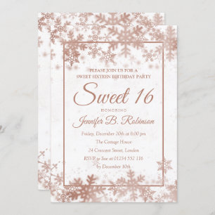 Sweet 16 Birthday Rose Gold White Foil Snowflakes Invitation