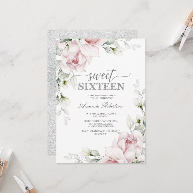 Sweet 16 Birthday Roses | Silver Romantic  Invitation (Front/Back In Situ)