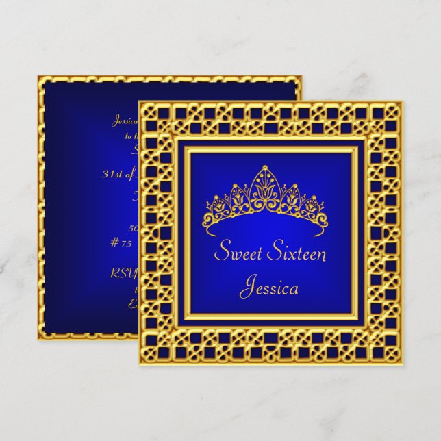 Sweet 16 Birthday  Royal Blue Gold Silver Tiara Invitation (Front/Back)