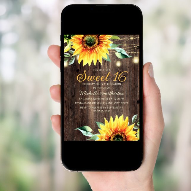 Sweet 16 Birthday Rustic Sunflowers String Lights Invitation (Front Digital)