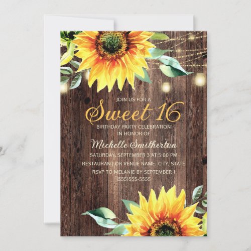 Sweet 16 Birthday Rustic Sunflowers String Lights Invitation