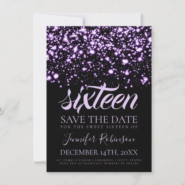Sweet 16 Birthday Save The Date Purple Glam (Front)