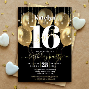 Sweet 16 Birthday Script Balloons Black Real Gold Foil Invitation