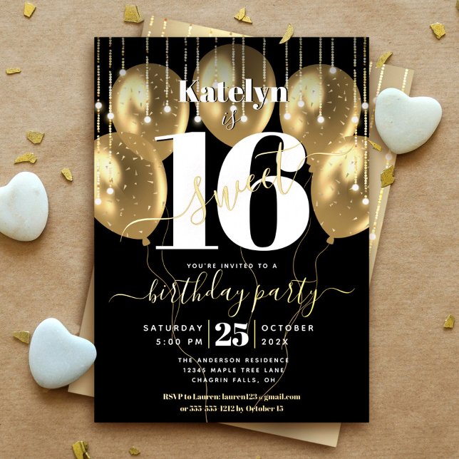 Sweet 16 Birthday Script Balloons Black Real Gold  Foil Invitation (Creator Uploaded)