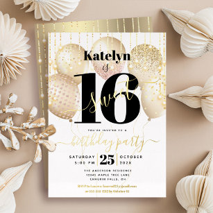 Sweet 16 Birthday Script Balloons White Real Gold Foil Invitation