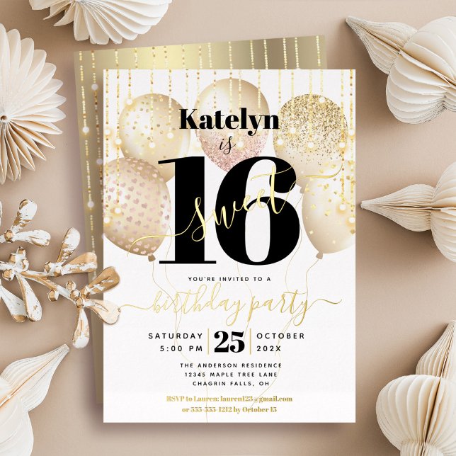 Sweet 16 Birthday Script Balloons White Real Gold Foil Invitation (Creator Uploaded)