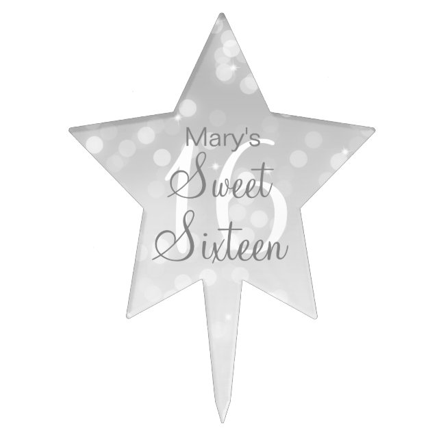 Sweet 16 Birthday Silver Bokeh Sparkle Lights Cake Topper (Front)