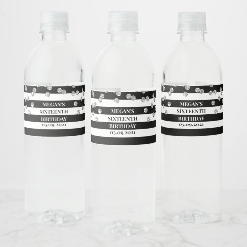 Sweet 16 Birthday Silver Confetti Black Stripes Water Bottle Label