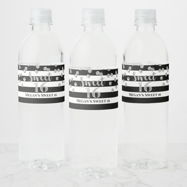 Sweet 16 Birthday Silver Confetti Black Stripes Water Bottle Label (Bottles)