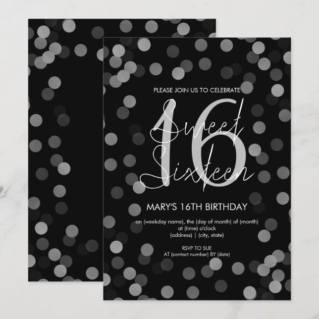 Sweet 16 Birthday Silver Glam Glitter Black  Invitation (Front/Back)