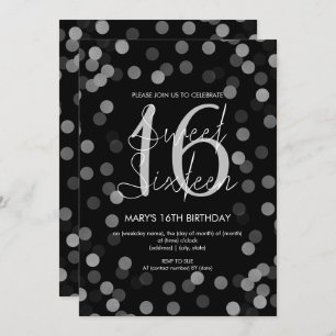 Sweet 16 Birthday Silver Glam Glitter Black  Invitation
