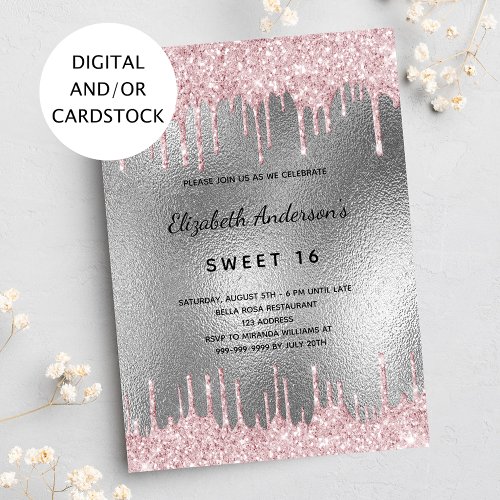 Sweet 16 birthday silver glitter drips metal pink invitation