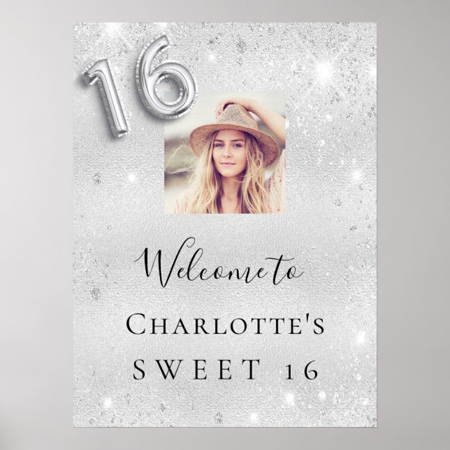 Sweet 16 birthday silver glitter photo welcome poster (Front)