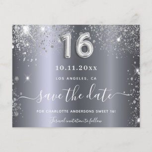 Sweet 16 birthday silver glitter save the date flyer