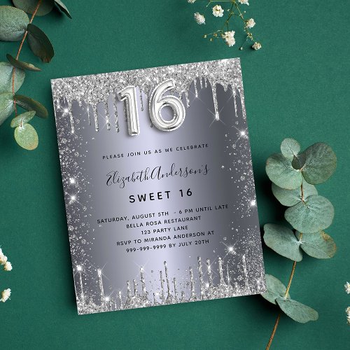 Sweet 16 birthday silver metal glitter dust invitation postcard