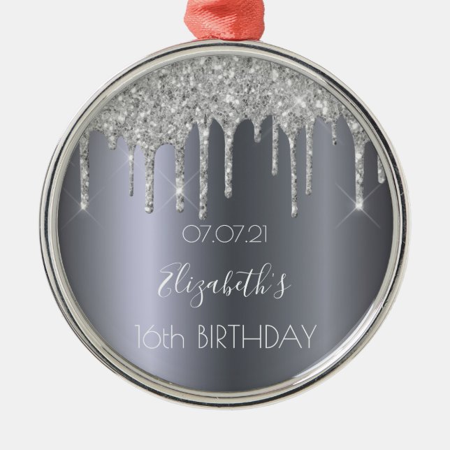 Sweet 16 birthday silver metallic glitter drips metal ornament (Front)
