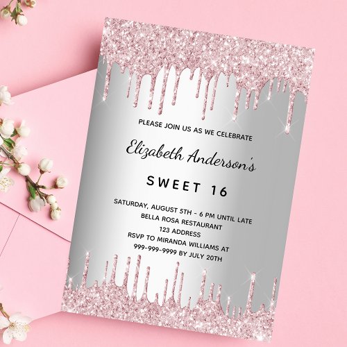 Sweet 16 birthday silver pink glitter drips invitation postcard