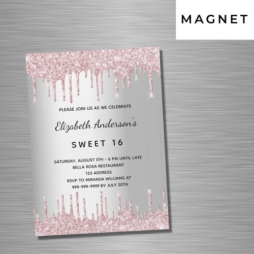 Sweet 16 birthday silver pink glitter drips luxury magnetic invitation