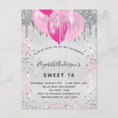 Sweet 16 birthday silver pink glitter dust invitation postcard (Front)