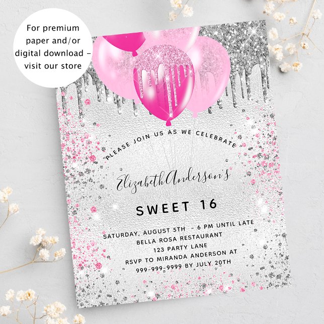 Sweet 16 birthday silver pink glitter dust invitation postcard