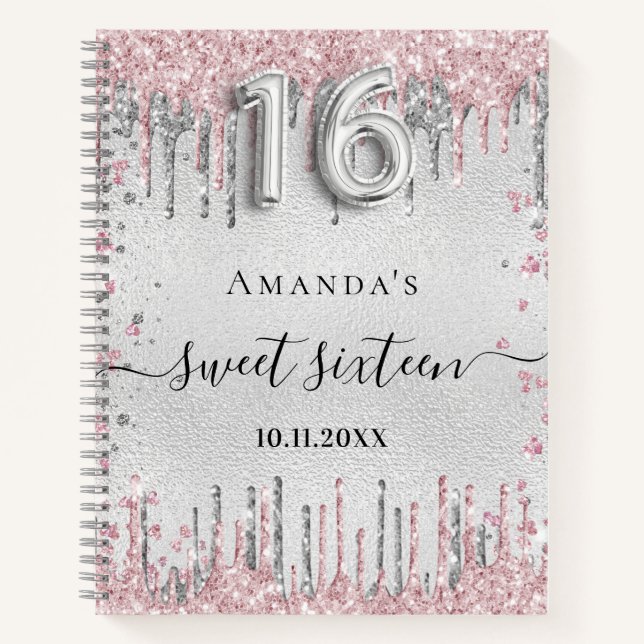 Sweet 16 birthday silver pink glitter guest book (Front)