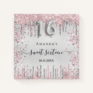 Sweet 16 birthday silver pink glitter guest book