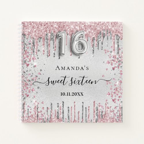 Sweet 16 birthday silver pink glitter guest book