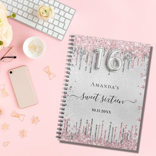 Sweet 16 birthday silver pink glitter guest book