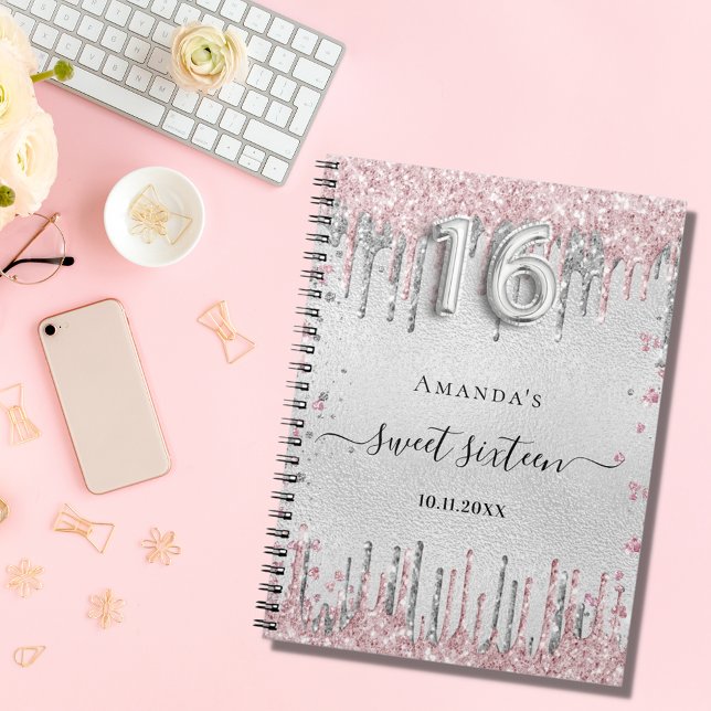 Sweet 16 birthday silver pink glitter guest book (Creator Uploaded)
