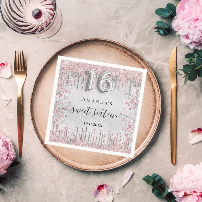 Sweet 16 birthday silver pink glitter hearts napkins (Creator Uploaded)