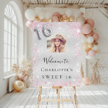Sweet 16 birthday silver pink glitter photo foam board<br><div class="desc">A welcome board for a girly and glamorous Sweet 16,  16th birthday party.  A faux silver metallic looking background decorated with pink faux glitter dust.   Personalize and add a photo and name.  Number 16 is written with a balloon style font.
Back: no design</div>