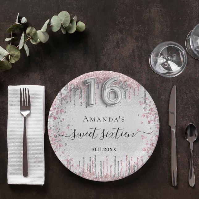 Sweet 16 birthday silver pink metal glitter script paper plates (Creator Uploaded)