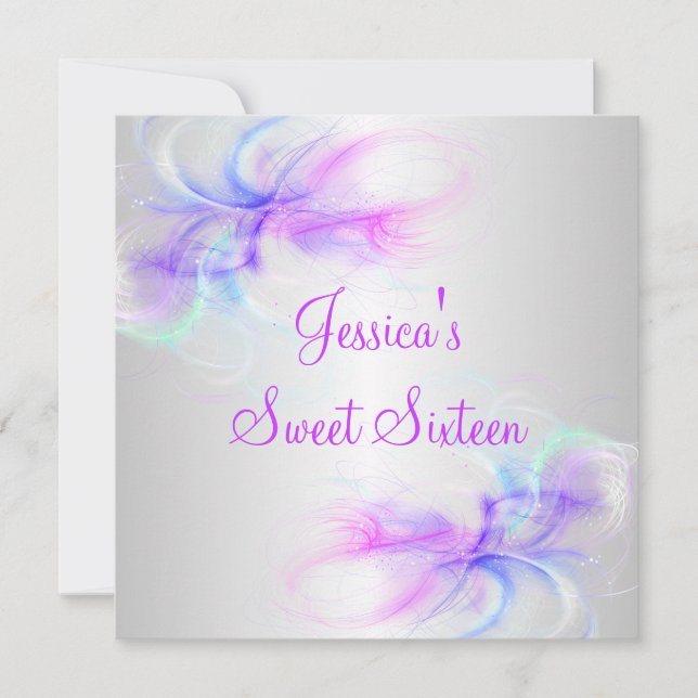 Sweet 16 Birthday Silver & Pink Purple Blue Swirls Invitation (Front)
